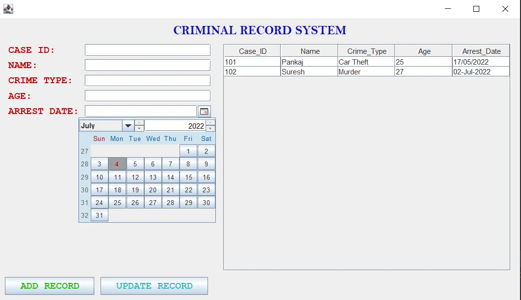 Criminal Record Management System Using Java