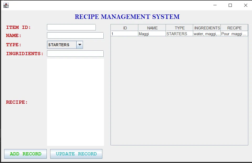 Recipe Management System In Java