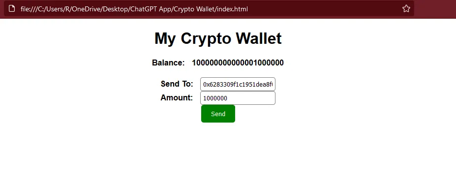 Crypto Wallet Using ChatGPT (HTML, CSS, JavaScript and TestRPC)