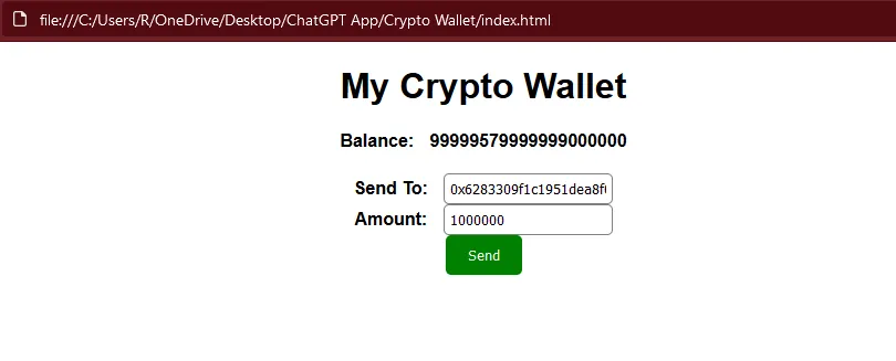 Crypto Wallet Using ChatGPT (HTML, CSS, JavaScript and TestRPC)