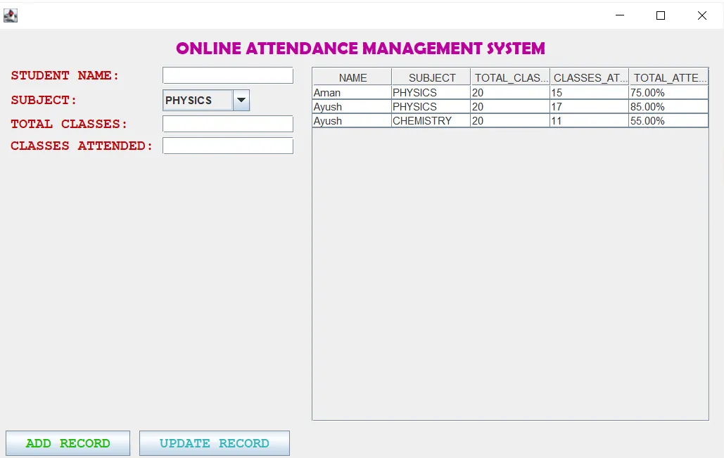 Attendance Management System Java Project